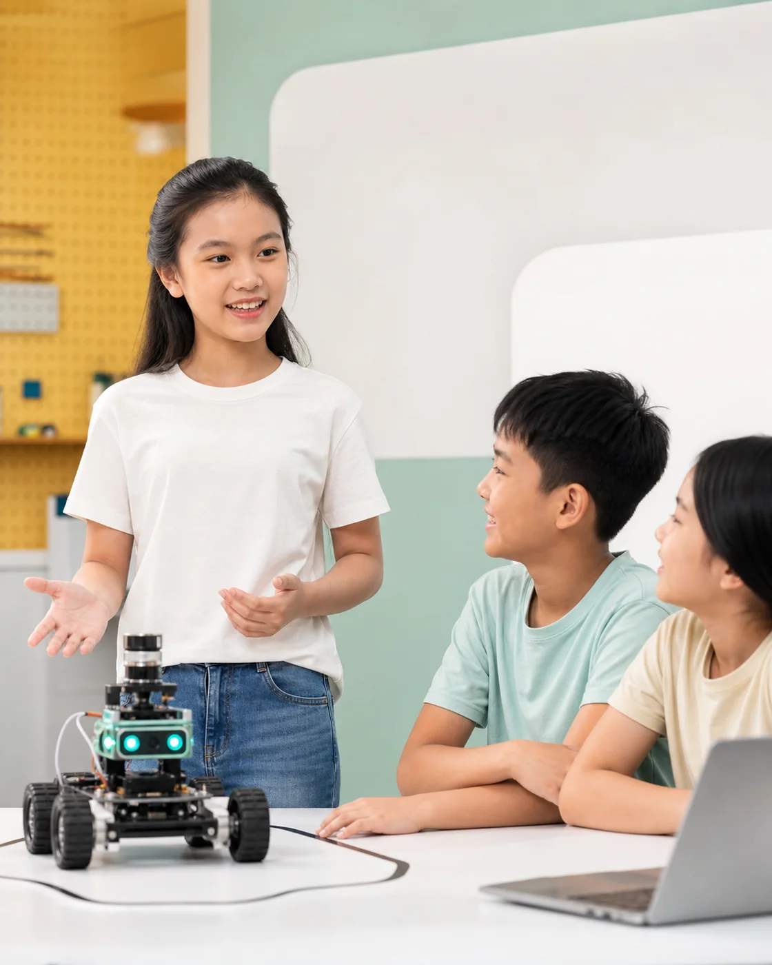 Học sinh thuyết trình dự án robot trước nhóm