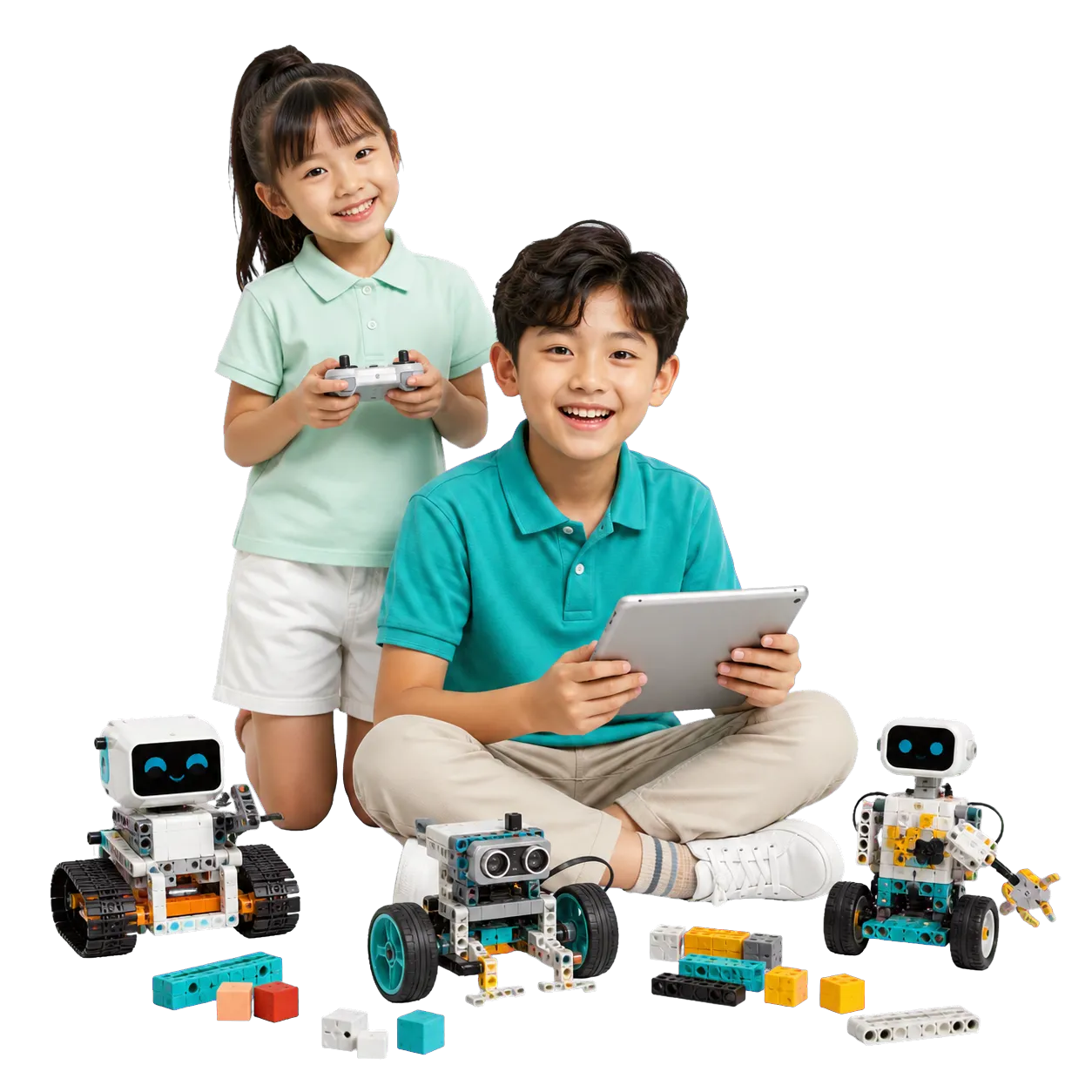 Hai học viên nhỏ tuổi khám phá lập trình cùng các mô hình robot giáo dục