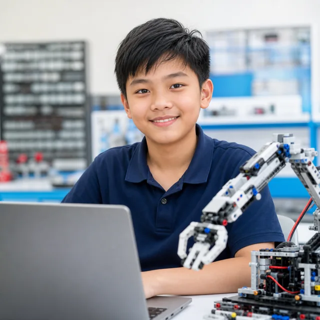 Học sinh lập trình mô hình cánh tay robot trong lớp học minh họa