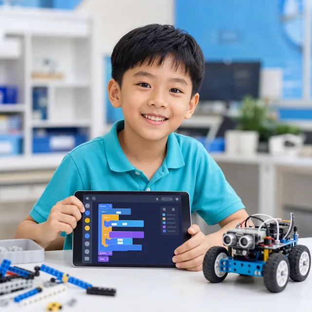 Học sinh thực hành lập trình robot trên máy tính bảng minh họa
