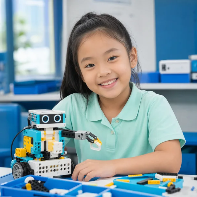 Học sinh nhỏ tuổi sáng tạo robot trong lớp học minh họa